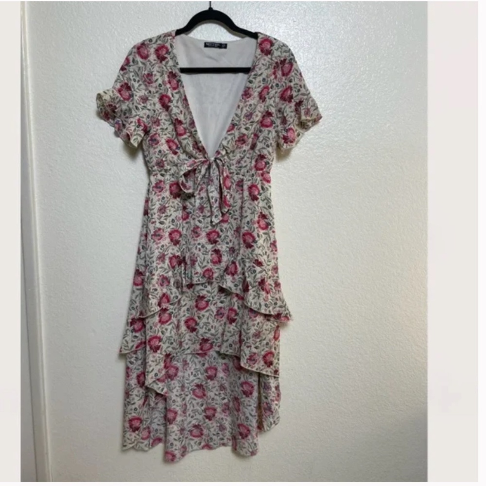 Nasty Gal Floral Hipster Hippie Festival Ruffle Long V Neck Tie Flutter Dress